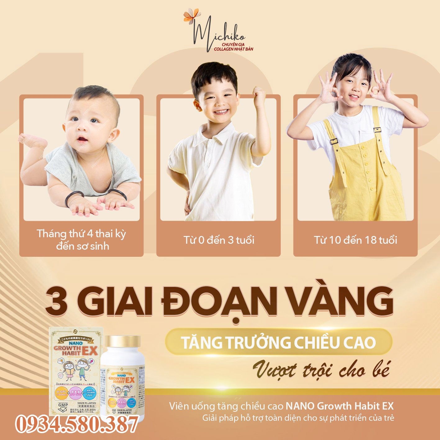 Viên Uống Phát Triển Chiều Cao Và Trí Não Nano Growth Habit EX Nhật Bản 120 Viên Michiko 2302