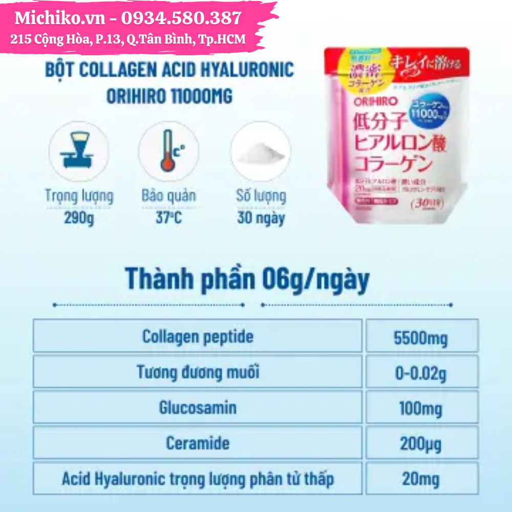 Bột Collagen Acid Hyaluronic Orihiro 11000mg Nhật Bản 180g - Michiko.vn