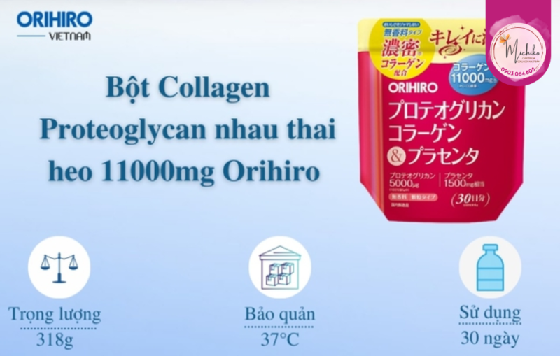 Bột Collagen Proteoglycan Nhau Thai Heo Orihiro Nhật Bản 180g - Michiko.vn