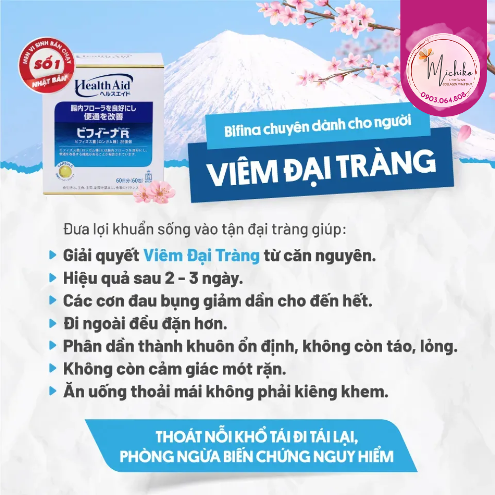 Men Vi Sinh Hỗ Trợ Đại Tràng Bifina R Health Aid Nhật Bản Hộp 60 Gói - Michiko.vn