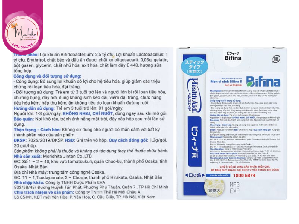 Men Vi Sinh Hỗ Trợ Đại Tràng Bifina R Health Aid Nhật Bản Hộp 60 Gói - Michiko.vn